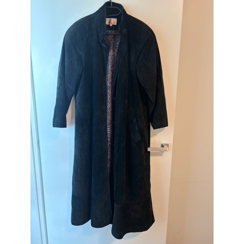 Creation Brunello Black Genuine Suede Maxi Trench Coat Paisley Lining Vintage M